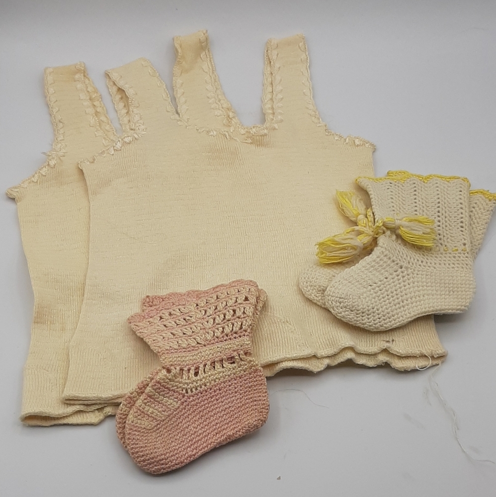 Vintage Rock-a-bye Baby Underwear Undershirt Part Wool Set of 2 & Baby Booties